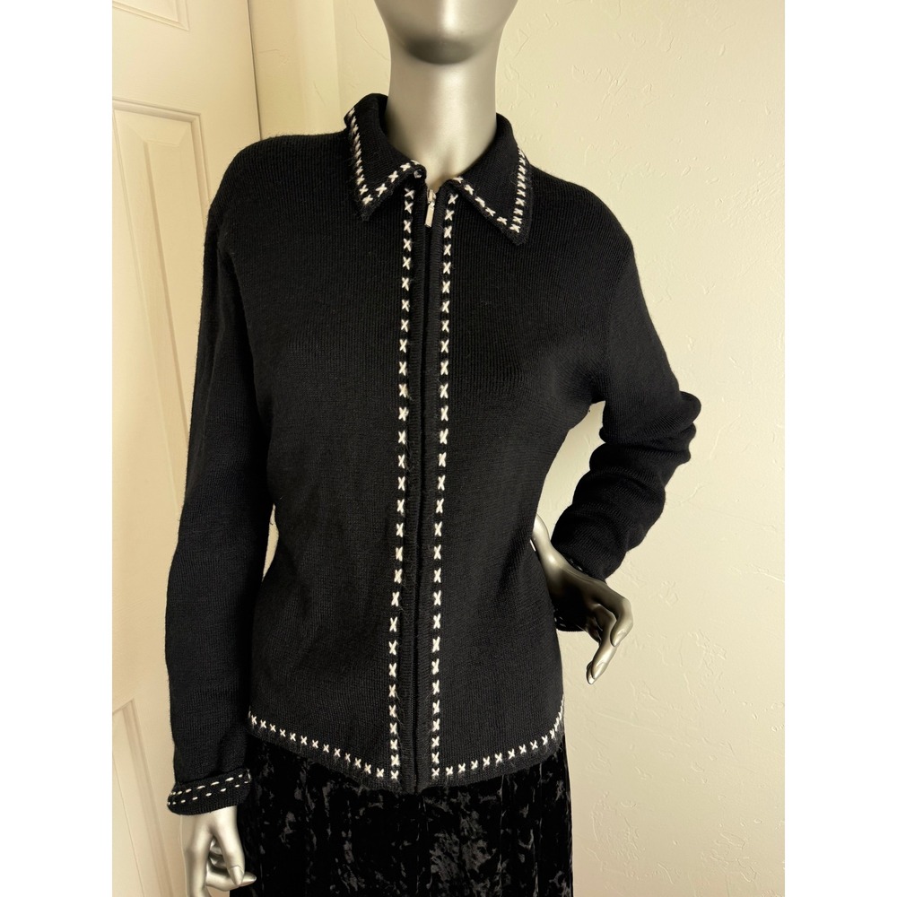 Ann Taylor Wool Zip Cardigan Sweater M Black Cream Cross Stitch Embroidered